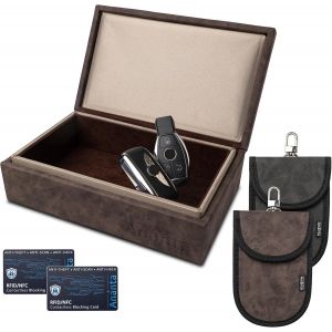CHECARZHN--NO1-Faraday Boîte Pour Clés De Voiture ¿ Boîte À Clés De Luxe Avec Blocage Du Signal Rfid, Fermeture Magnétique, Deux Pochettes Faraday Et Cartes Rfid (Marron) - Neuf