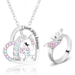 Kal-2 Pièces, Collier Licorne Bague Licorne, Collier Pendentif Coeur Pierre Cz, Cadeau De Bijoux Licorne Porte-Bonheur Pour Mères Fille Soeur Petite-Fille Adolescentes, Fit Fête D'anniversaire De Noë - Neuf