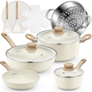 JEXNOVASHOP-Casseroles et Po&ecirc;les 15 Pi&egrave;ces, Batterie de Cuisine Induction en C&eacute;ramique Anti-adh&eacute;sifs, Poele, Sauteuse, Casseroles, Pot de Vapeur, Plateau &agrave; Pizza, Poele sans PFOA et sans PTFE(blanc) - Neuf