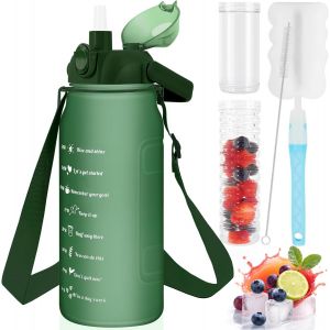 Checarzhn--No1-Bouteille D'eau De 2 L, 2 Litres, Sans Bpa, Avec Bandoulière Réglable, Paille Et Infuseur À Fruits, Bouteille D'eau Potable De Motivation Avec Marquage Du Temps, Vert - Neuf