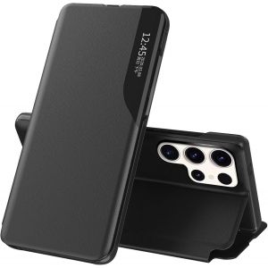 KALANKA-Samsung Galaxy S25 Ultra Coque Clear View en Cuir - &Eacute;tui &agrave; Rabat 360&deg; Antichoc Anti-Rayure B&eacute;quille Support Noir - Neuf