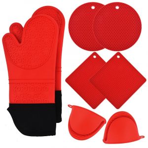 Lot de 8 gants de cuisine en silicone résistants à la chaleur avec maniques pour la cuisine, la pâtisserie, le gril, le four et le micro-ondes - Neuf