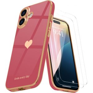 Pps-Coque Compatible Avec Iphone 16 + 2 Films De Protection D'écran, Coque Pour Fille, Coque De Protection D'appareil Photo Galvanisée Pour Iphone 16, Camélia Rouge - Neuf