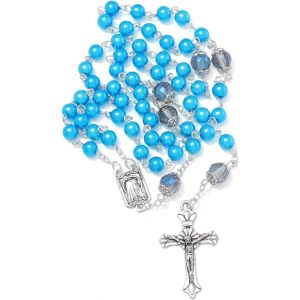 Perles De Chapelet En Verre De 6 Mm Avec Crucifix Et M&eacute;daille De Notre-Dame De Lourdes,Perles Cristallis&eacute;es De Couleur,Collier De Chapelet Catholique Pour Femme Avec Sac En Velours - Neuf