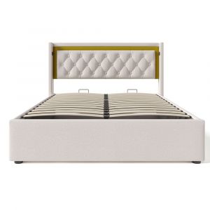 Lit coffre lit double led avec rangement et t&ecirc;te de lit usb type c lit de rangement lit d'adolescent 140x200 cm - Neuf