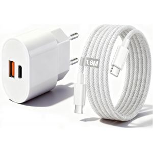 LORANKA-Chargeur Prise USB C,2-Port 25W Chargeur USB Multiple Secteur Adaptateur avec Nylon C&acirc;ble Lightning 1.8m pour iPhone 17 16 15 14 13 12 11 Pro/Pro Max/Plus,Mini X XS,iPad,Samsung Galaxy S25 S2 - Neuf