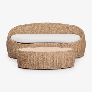 Ensemble De Jardin Avec Canap&eacute; 3 Places Et Table Basse En Bois D'acacia Et Rotin Clarnyx Naturel - Neuf