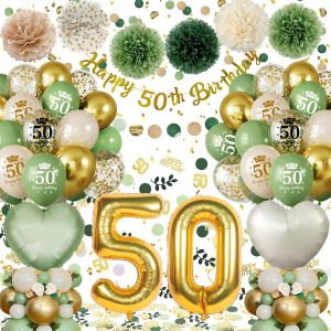 Decoration Anniversaire 50 ans,D&iquest;&iquest;coration 50 ans Anniversaire Femme Homme,Vert Or Ballon 50 ans Anniversaire de F&iquest;&ordm;te,Banni&iquest;&iquest;re Happy 50th Birthday, PomPons, Ballons en Aluminium Coeur - Neuf