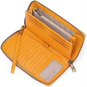 Portefeuille en cuir pour femme, grande capacit&eacute;, blocage RFID, avec 17 emplacements pour cartes et porte-ch&eacute;quier, jaune - Neuf