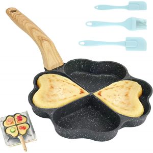 Kalanka-Poêle À ?ufs En Forme De C?ur À 4 Trous : Revêtement Anti-Adhésif En Granit, Petites Poêles, Poêle À Omelette Antiadhésive Avec Spatule En Silicone Et Brosse Pour Induction, Poêle À Frire À - Neuf