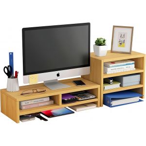 Support d'écran en bois avec rangement multifonction-Idéal pour ordinateurs,iMac,PC et bureau ergonomique-Naturel - Neuf