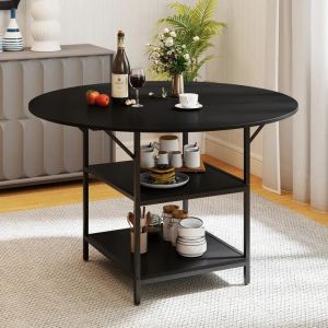 COSTWAY Table &agrave; Manger Ronde 120 x 76 cm pour 4-6 Personnes avec &Eacute;tag&egrave;re Ouverte &agrave; 2 Niveaux - Cadre M&eacute;tallique Noir - Neuf