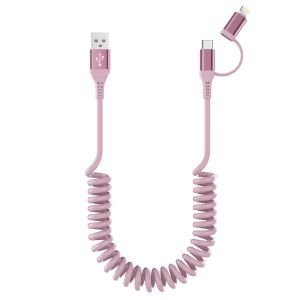 KALANKA-Cable Spirale Voiture pour CarPlay et Android Auto [MFi & 3A Charge rapide & transmission de donn&eacute;es] C&acirc;ble USB vers USB C et Lightning 2en1 pour iPhone 17/16/15/14/13/12/11/Galaxy/Android Ro - Neuf