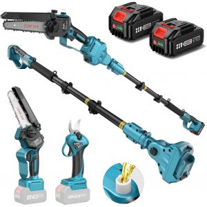 MEVRONISSHOP-SEESII P6 Combo 6 Pouces Mini Tronconneuse avec Perche & 33 mm Secateur Electrique, 4-en-1 Ensemble d&iquest;Outils de Jardin avec 2 * 4000 mAh Batteries, Port&eacute;e Maximale Jusqu&iquest;&agrave; 4,57 m - Neuf