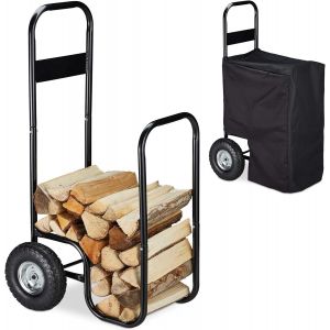 CHECARZHN--NO1-Chariot À Bois, Métal, Bâche De Protection, 2 Roues, 60 Kg, Transport & Stockage, Panier À Bûches, Noir - Neuf
