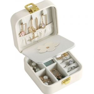 Coffret À Bijoux De Voyage Blanc, Petit Coffret À Bijoux Pour Femmes Et Filles, Rangement En Cuir Synthétique Avec Miroir Pour Bagues, Bracelets, Boucles D'oreilles, Colliers, Cadeaux - Neuf