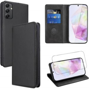 Mdy-Coque Cuir Pour Samsung Galaxy A35 6.6"" Avec 1 Verre Trempé Etui À Rabat En Pu Porte-Cartes Portefeuille Support Flip Housse Magnétique Antichoc Anti-Rayures Case,Noir - Neuf