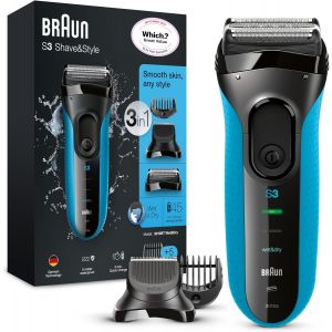 Rasoir Electrique A Barbe Homme Series 3 300s A Grille, Gris, Etanche, Lames Flexibles Pour Bien Raser Le Visage, 5 Sabots, Tondeuse Centrale Et 2 El&eacute;ments De Rasage - Neuf
