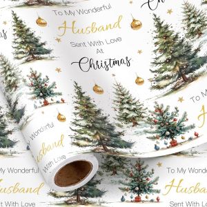 Trahoo-Rouleau De Papier Cadeau De No&euml;l Pour Mari, Mini Rouleau, Motif &laquo; &Agrave; Mon Merveilleux Mari &raquo;, Avec Sapins De No&euml;l Et Boules Dor&eacute;es, Papier Cadeau Blanc Pour Lui, Homme, 43,2 Cm X 5 M - Neuf