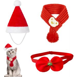 Jgd-3 Pi&egrave;ces Ensemble De No&euml;l Pour Chien Et Chat, Avec Bonnet, &Eacute;charpe Tricot&eacute;e Et N?ud Papillon, Costume Festif Pour Animaux, Accessoire De No&euml;l Confortable Et Mignon Pour Petits Et Grands Animaux - Neuf