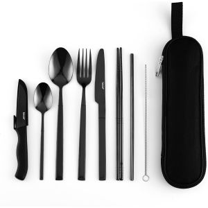 Sept-Couverts De Camping, 9 Pièces Couverts De Table En Acier Inoxydable 18/0, Couverts De Voyage Réutilisables Avec Organiseur Pour Le Travail, L'école, Le Camping Et Les Voyages, Noir - Neuf