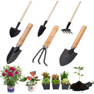 KALANKA-Lot de 6 Outils de Jardinage, Mini Outils de Jardin Kit du Petit Jardinier avec Poign&eacute;e en Bois et Fer Enfant, Mini Outils de Jardinage &agrave; Main Pelle pour Bonsa&iuml;, Fleurs en Pot, Plantes - Neuf