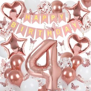 SJZG-D&eacute;coration 4E Anniversaire Fille Or Rose Ballon 4E Anniversaire Guirlande Happy Birthday Et Papillons D&eacute;coration Or Rose 4 Ans Fille D&eacute;coration Cadeau - Neuf
