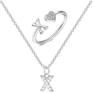 Kal-Collier Initiale Lettre A-Z Collier Avec Lettre En Zircons D'argent Pendentif Bague Ouverte Lettre Initiale Bague Argent Femme Initiaux De Coeur Pour Femme Fille - Neuf