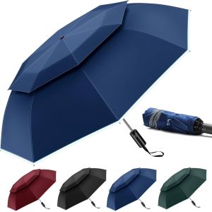 Parapluie De Voyage Compact Coupe-Vent &iquest; Parapluie De Ventilation Avec Double D&ocirc;me Pour La Pluie, Parapluie Portable Invers&eacute; &iquest; Ouverture Et Fermeture Automatiques Avec Bandes R&eacute;fl&eacute;chissantes - Neuf