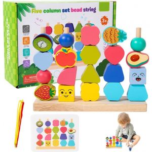 3 en 1 Jouets de Perles de La&ccedil;age en Bois,Empilable y Enfiler Jouet,Jouets D'enfilage Montessori 2 en 1 pour Enfant,Cadeau pour b&eacute;b&eacute;s gar&ccedil;ons et Filles - Neuf