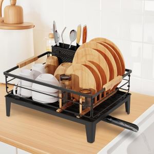 Egoutoire Vaisselle, Égouttoir Vaisselle Cuisine Inox Avec Porte-Gobelets Et Porte-Ustensiles, Seche Couvert Avec Plateau D'égouttage Et Drainage Automatique, Dish Cuisine Rangement, Noir - Neuf