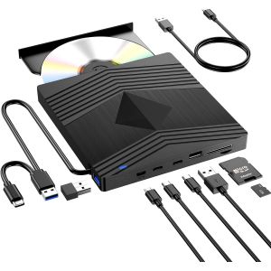 Lecteur CD/DVD Externe pour PC, USB 3.0 Graveur DVD Externe avec USB-A 2*USB-C et Fente SD/TF, Optiques Portable Lecteur CD DVD Externe pour Windows11/10/8.1/7 Mac Macbook Laptop Desktops Linux - Neuf
