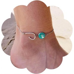 Bracelets De Cheville Argentés En Écailles De Poisson Vertes Boho Bracelets De Cheville En Forme D'hameçon Simples Bracelets De Cheville De Mariage Chaîne De Pied De Plage Accessoires - Neuf