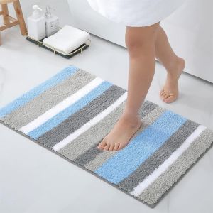 Tapis de Bain Antiderapant,Tapis Salle de Bain Ray&eacute; en Microfibre Douce,Absorbant &agrave; Poils Longs,Lavable en Machine-40 x 60 cm,Bleu/Gris - Neuf