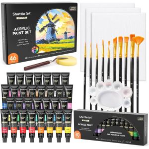 JEXNOVASHOP-46PCS Kit Peinture Acrylique, 30 Couleurs de Peinture Acrylique Tube Inclus 30x12ml de Pigments Non Toxique et Bien Recouvrement, 10 Pinceaux 3 Toiles Peinture, Id&eacute;al sur Toile Tissu,Verr - Neuf