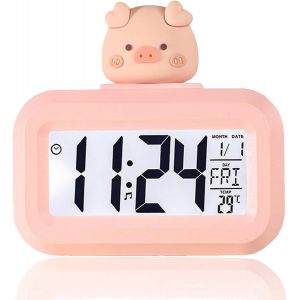 KAL-Horloge Électronique Mignonne De Dessin Animé, Réveil Numérique Multifonctionnel Avec Affichage Led De La Température Intérieure, Horloge De Bureau Pour Chambre À Coucher (Pink Piggy) - Neuf