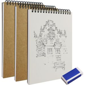 KALANKA-Lot de 3 blocs à dessin A5 - Carnet de croquis à spirale - 60 pages de papier croquis - Panneau rigide sans acide - Pour dessin, croquis, peinture - Avec 1 petite gomme blanche - Neuf