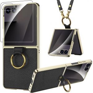JGD-Cuir Coque pour Samsung Galaxy Z Flip 7 avec Anneau, [Film &Eacute;cran Externe][Lani&egrave;re], Solide Rigide Int&eacute;grale Antichoc Anti-Trace Anti-Rayures &Eacute;l&eacute;gant Slim Samsung Z Flip 7 Case Femme (Noir) - Neuf