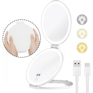 Kal-Miroir De Maquillage Rechargeable Avec Éclairage, Miroir De Voyage Avec Grossissement 1x/5x, Éclairage 3 Couleurs, Écran Tactile À Intensité Variable, Miroir De Maquillage Portable Pliable - Neuf