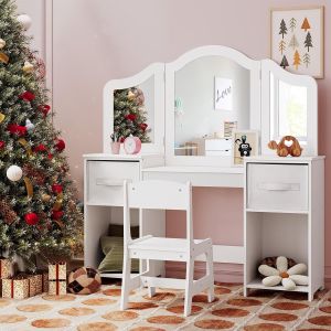 Coiffeuse Pour Enfants Avec Miroir,Tabouret Et Rangement,108x30x114cm,Bureau Pour Enfants,Table De Maquillage Blanc - Neuf