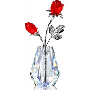H&D Hyaline & Dora Deux Roses Rouges en Cristal dans Un Vase en Verre, Figurine de Rose avec Poteau Argent&eacute;, Presse-Papier Rose &Eacute;ternel, Cadeau pour Elle/Femme/Maman - Neuf