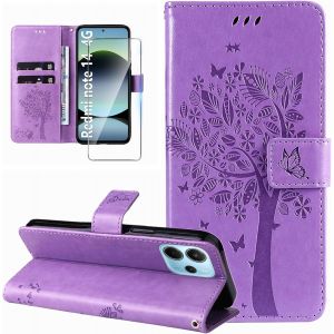 Kal-Coque Pour Xiaomi Redmi Note 14 4g Etui Portefeuille Cuir Avec Verre Trempé Motif Porte Carte À Rabat Clapet Housse Protection Flip Case Étui Coque Pour Xiaomi Redmi Note 14 4g-Violet - Neuf