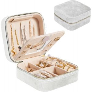 Coffret À Bijoux De Voyage En Velours Blanc ¿ Petite Boîte À Bijoux Pour Femme, Étui De Voyage Pour Bijoux ¿ Organiseur De Boucles D'oreilles Avec Miroir - Neuf