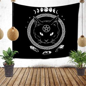 Tapisserie murale chat noir, tapisserie de divination mystérieuse, décoration murale de sorcellerie pour chambre à coucher, salon (chat, M - 150 x 130 cm) - Neuf