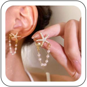 Kal-Boho Longue Chaîne De Perles Boucles D'oreilles Pendantes Cz Étoile De Mer Coquille Boucles D'oreilles Plage Étoile De Mer Coquillage Déclaration Boucles D'oreilles Océan Bijoux Pour Femmes - Neuf