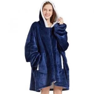 Plaid à Capuche - AMOUNE - Zippé - Doux - 172x93cm - Bleu Marin - Neuf