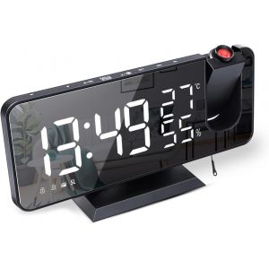 Reveil Projecteur,Radio R&eacute;veil avec Temp&eacute;rature,Humidit&eacute;,Ecran LED Miroir de 7,5 Pouces,Snooze Double Alarme,4 Luminosit&eacute; de L'&eacute;cran avec Fonction de Gradation Automatique,Port de USB (Noir) - Neuf