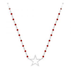Collier Argent Rhodi&eacute; &Eacute;toile Et Pierre Rouge - Neuf