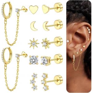 6 Paires Lot Boucles D'oreilles Femme Acier Inoxydable 316l Hypoallergénique Piercing Oreille Clous D'oreilles Plaqué Or 14k Boucles D'oreilles Creoles Avec Chaîne Piercing Cartilage Helix.[X266] - Neuf