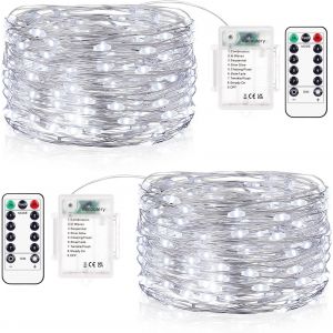 KAL-Guirlande Led À Pile 2 Pièces 12M 12 Led Guirlande Lumineuse Pile 8 Modes Guirlande Lumineuse Led Avec Minuterie Et Télécommande Pour Chambre Terrasse Intérieure Extérieure Décoration(Blanc Froid - Neuf